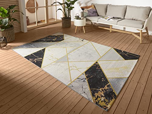 Hanse Home Noble In- & Outdoor Teppich – Flachgewebe Skandi Marmor Optik Geometrisches Muster, ÖKO-TEX Wetterfest & UV-beständig für Wohnzimmer, Balkon, Terrasse, Garten – Schwarz Grau Gold, 200x285cm von Hanse Home