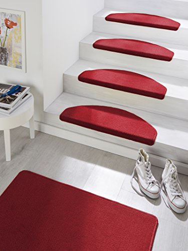 Hanse Home Stufenmatten Fancy – Treppen-Teppich Treppenmatten Selbstklebend Sicherheit Stufenteppich halbrund für Treppenstufen – Rot, ca. 23x65cm 15 Stück von Hanse Home