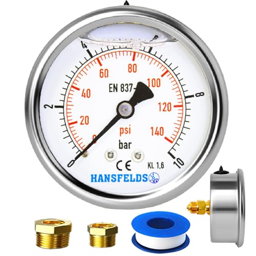 Hansfelds Manometer 0–10 bar/psi,63 mm Zifferblatt, flüssigkeitsgefüllt, 1/4 Zoll BSP Rückseitiger Anschluss, Messing-Innenleben und Anschluss,Genauigkeit 1,6,inkl. 2Reduzierstücke auf 3/8''und1/2". von HANSFELDS