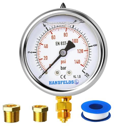 Hansfelds Manometer 0–10bar/psi, 63 mm Zifferblatt, flüssigkeitsgefüllt, 1/4 Zoll BSP unterer Anschluss, Messing-Innenleben und Anschluss,Genauigkeit 1,6,inkl. 2 Reduzierstücke auf 3/8" und1/2". von HANSFELDS