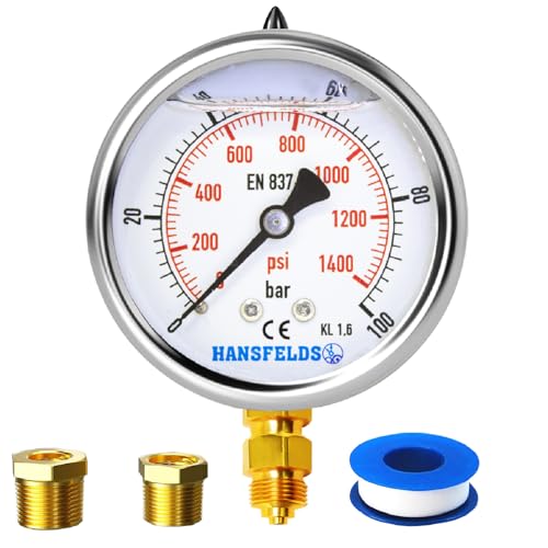Hansfelds Manometer 0–100bar/psi, 63 mm Zifferblatt, flüssigkeitsgefüllt, 1/4 Zoll BSP unterer Anschluss, Messing-Innenleben und Anschluss,Genauigkeit 1,6,inkl. 2 Reduzierstücke auf 3/8" und1/2". von HANSFELDS