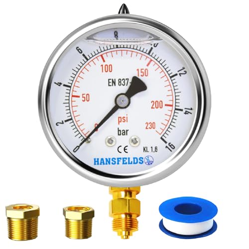 Hansfelds Manometer 0–16bar/psi, 63 mm Zifferblatt, flüssigkeitsgefüllt, 1/4 Zoll BSP unterer Anschluss, Messing-Innenleben und Anschluss,Genauigkeit 1,6,inkl. 2 Reduzierstücke auf 3/8" und1/2". von HANSFELDS