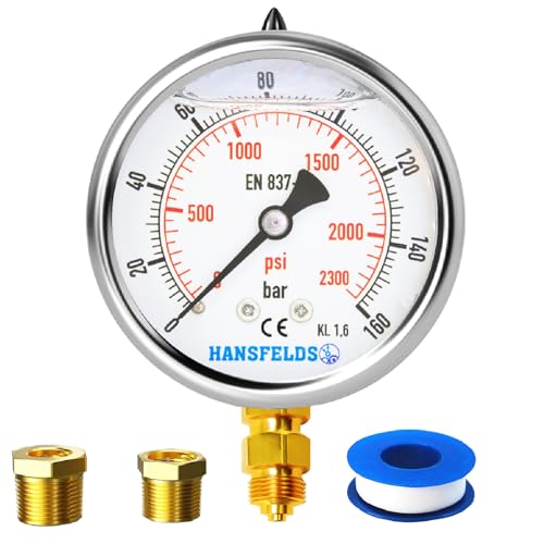 Hansfelds Manometer 0–160bar/psi, 63 mm Zifferblatt, flüssigkeitsgefüllt, 1/4 Zoll BSP unterer Anschluss, Messing-Innenleben und Anschluss,Genauigkeit 1,6,inkl. 2 Reduzierstücke auf 3/8" und1/2". von HANSFELDS