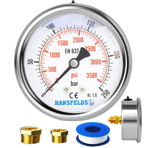 Hansfelds Manometer 0–250 bar/psi,63 mm Zifferblatt, flüssigkeitsgefüllt, 1/4 Zoll BSP Rückseitiger Anschluss, Messing-Innenleben und Anschluss,Genauigkeit 1,6,inkl. 2Reduzierstücke auf 3/8''und1/2". von HANSFELDS