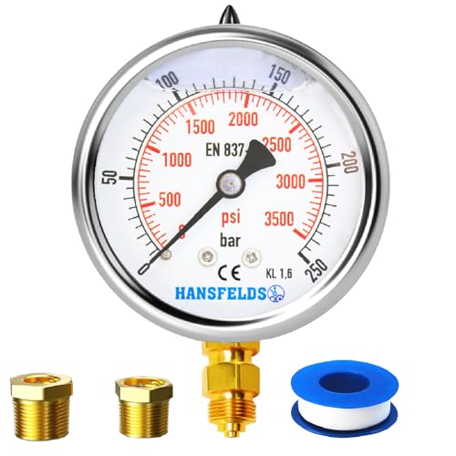 Hansfelds Manometer 0–250bar/psi, 63 mm Zifferblatt, flüssigkeitsgefüllt, 1/4 Zoll BSP unterer Anschluss, Messing-Innenleben und Anschluss,Genauigkeit 1,6,inkl. 2 Reduzierstücke auf 3/8" und1/2". von HANSFELDS