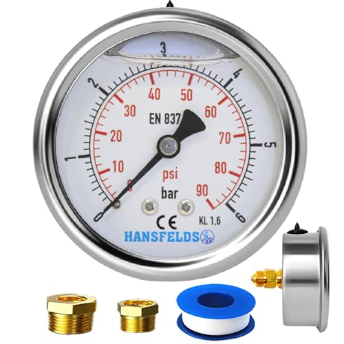 Hansfelds Manometer 0–6 bar/psi,63 mm Zifferblatt, flüssigkeitsgefüllt, 1/4 Zoll BSP Rückseitiger Anschluss, Messing-Innenleben und Anschluss,Genauigkeit 1,6,inkl. 2Reduzierstücke auf 3/8''und1/2". von HANSFELDS