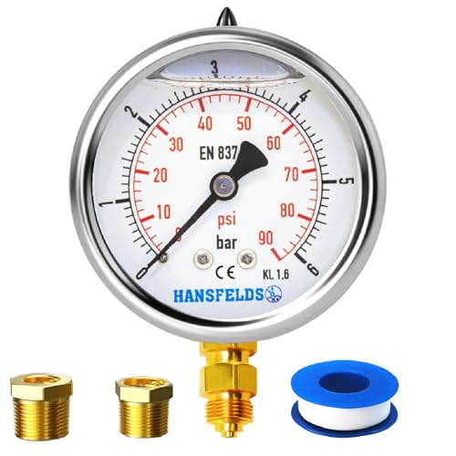 Hansfelds Manometer 0–6bar/psi, 63 mm Zifferblatt, flüssigkeitsgefüllt, 1/4 Zoll BSP unterer Anschluss, Messing-Innenleben und Anschluss,Genauigkeit 1,6,inkl. 2 Reduzierstücke auf 3/8" und1/2". von HANSFELDS