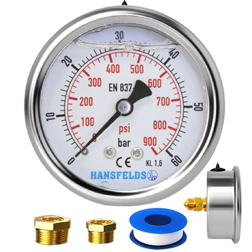 Hansfelds Manometer 0–60 bar/psi,63 mm Zifferblatt, flüssigkeitsgefüllt, 1/4 Zoll BSP Rückseitiger Anschluss, Messing-Innenleben und Anschluss,Genauigkeit 1,6,inkl. 2Reduzierstücke auf 3/8''und1/2". von HANSFELDS