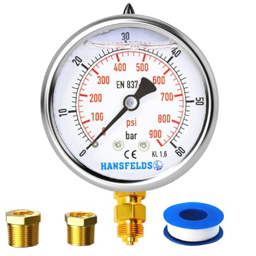 Hansfelds Manometer 0–60bar/psi, 63 mm Zifferblatt, flüssigkeitsgefüllt, 1/4 Zoll BSP unterer Anschluss, Messing-Innenleben und Anschluss,Genauigkeit 1,6,inkl. 2 Reduzierstücke auf 3/8" und1/2". von HANSFELDS