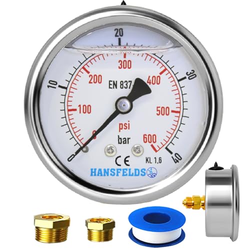 Hansfelds Manometer 0–40 bar/psi,63 mm Zifferblatt, flüssigkeitsgefüllt, 1/4 Zoll BSP Rückseitiger Anschluss, Messing-Innenleben und Anschluss,Genauigkeit 1,6,inkl. 2Reduzierstücke auf 3/8''und1/2". von HANSFELDS