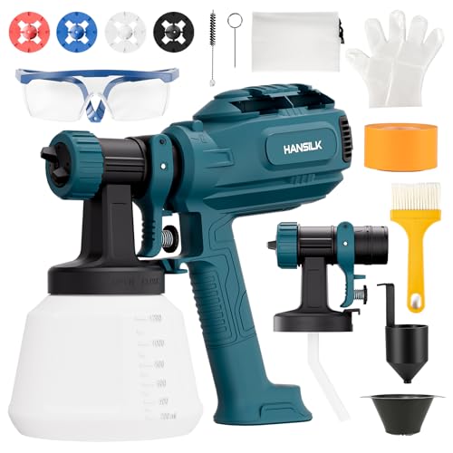HANSILK Farbsprühsystem 800W Elektrische Spritzpistole mit 1200ML Behälter 5 Düsen & 3 Sprühmuster & 2 Spritzpistolenköpfe Einstellbarer Farbfluss für Möbel,Wände,Zäune,Schränke & Heimwerkerprojekte von HANSILK