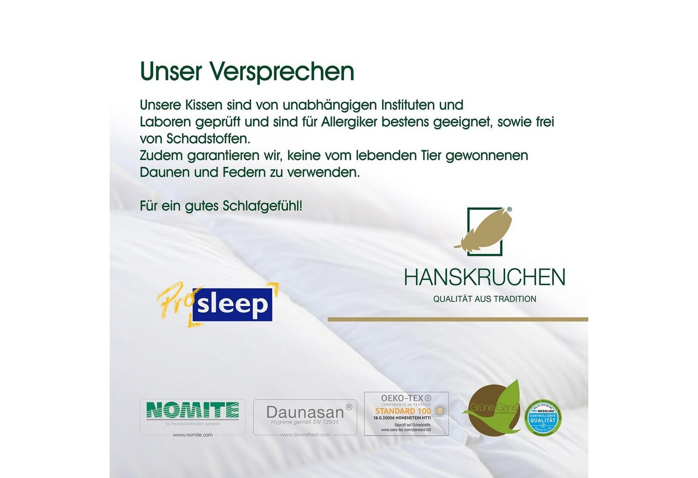 Daunenkissen Pro Sleep, HANSKRUCHEN, Füllung: 100% Federn, Bezug: 100% Baumwolle, Sleep 40x80 cm, hergestellt in Deutschland, allergikerfreundlich von HANSKRUCHEN