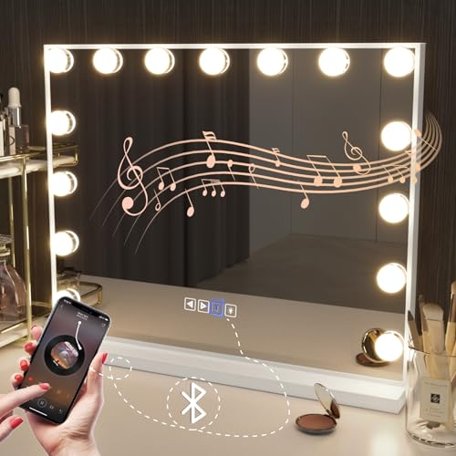 Hansong Bluetooth Hollywood Spiegel mit 15 LED Lampen Schminkspiegel mit Beleuchtung und Bluetooth Kosmetikspiegel mit Beleuchtung USB für Schlafzimmer von Hansong