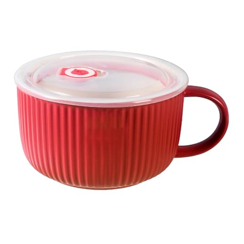 Jumbo Suppentassen Mit Deckel, 1200 ML Ramen Schüssel Instant Nudel Keramik Suppenschüsseln Mit Henkel Breit Haferflocken Frühstückstasse Für Mikrowelle -Rot-1200ml von HANSULAN