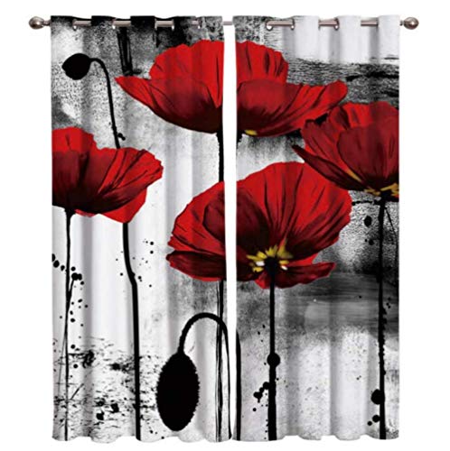 HANTAODG Gardine Vorhänge Tinte rote Mohnblume Vorhang Blickdicht - 2Er Set Gardinen Blickdicht Ösenschal Verdunkelungsvorhänge Für Schlafzimmer Kinderzimmer 140X160Cm von HANTAODG