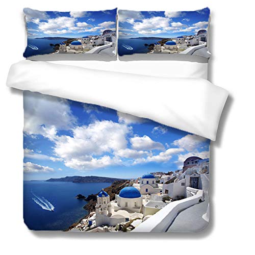 HANTAODG Kinder Bettwäsche Bettbezug Set Santorini, Griechenland 135x200cm Weiche Atmungsaktive Hypoallergen Kopfkissenbezug Bettbezug mit Reißverschluss Schließung von HANTAODG