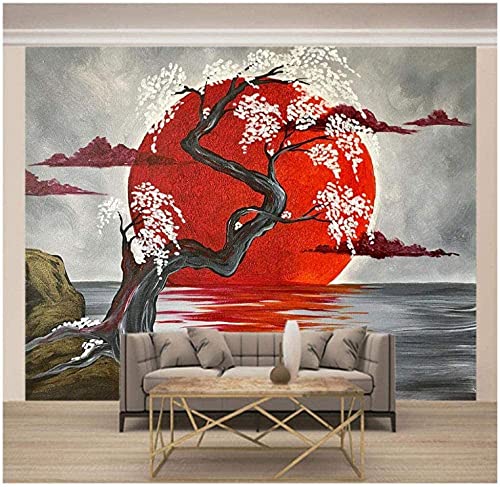 Tapetenkleister Fototapete Roter Sonnenbaum der japanischen Art Vlies Tapeten Wandtapete Xxl Moderne Wanddeko Design Wand Dekoration Wohnzimmer Schlafzimmer Büro Flur Landschaft (250x140cm) von HANTAODG