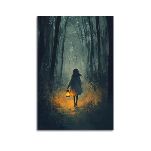 Dekorative Gemälde, Mädchen mit Laterne im dunklen Wald, mystische Dekoration, Schlafzimmer-Poster, künstlerisches Wandbild, modernes hängendes Dekor-Poster, 20 x 30 cm von HANTOTN
