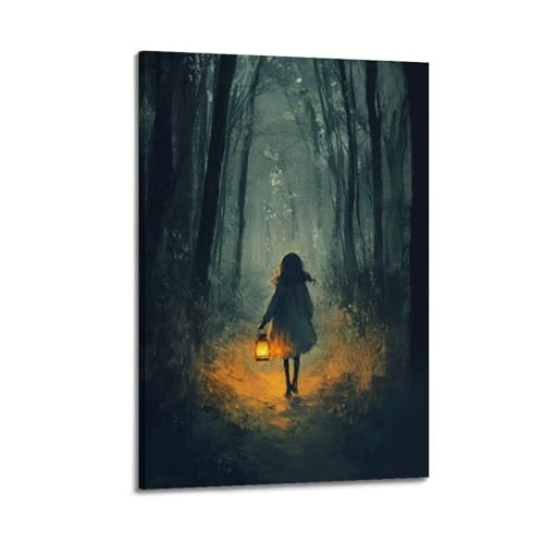Dekorative Gemälde, Mädchen mit Laterne im dunklen Wald, mystische Dekoration, Schlafzimmer-Poster, künstlerisches Wandbild, modernes hängendes Dekor-Poster, 60 x 90 cm von HANTOTN