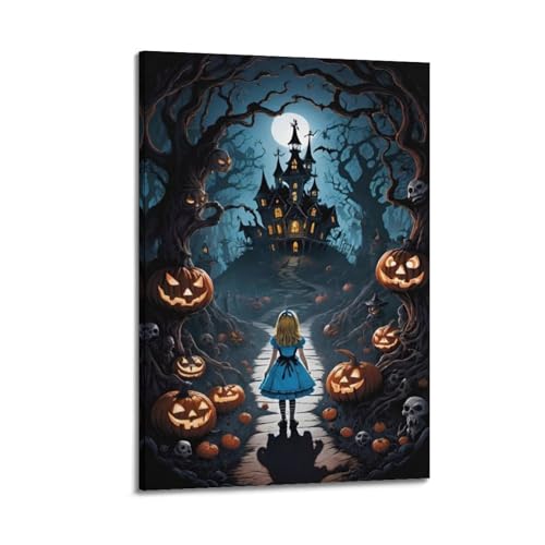 Dekoratives Gemälde, Motiv: Mädchen nähert sich Spukschloss im Halloween-Wald, Fantasie-Dekor, Wohnzimmer-Poster, künstlerisches Wandbild, modernes hängendes Dekor-Poster, 50 x 75 cm von HANTOTN