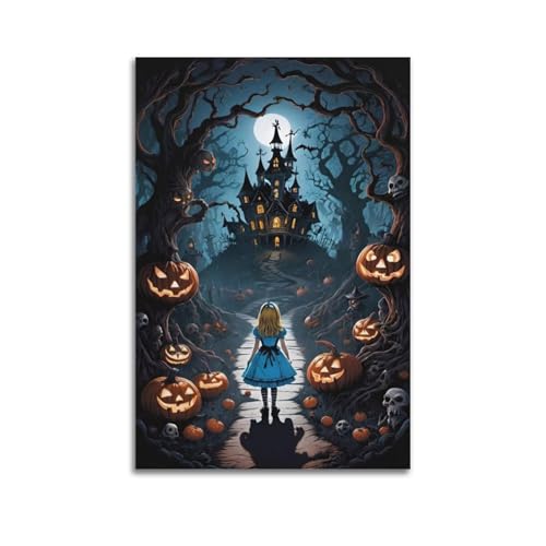 Dekoratives Gemälde, Motiv: Mädchen nähert sich Spukschloss im Halloween-Wald, Fantasie-Dekor, Wohnzimmer-Poster, künstlerisches Wandbild, modernes hängendes Dekor-Poster, 50 x 75 cm von HANTOTN