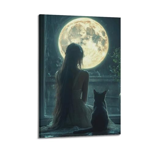 Fenster-Gemälde Mädchen und schwarze Katze von Moonlit für Fenster, ruhige, geheimnisvolle Dekoration, Wohnzimmer-Poster, künstlerisches Wandbild, modernes hängendes Dekor-Poster, 20 x 30 cm von HANTOTN