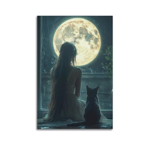 Fenster-Gemälde Mädchen und schwarze Katze von Moonlit für Fenster, ruhige, geheimnisvolle Dekoration, Wohnzimmer-Poster, künstlerisches Wandbild, modernes hängendes Dekor-Poster, 40 x 60 cm von HANTOTN