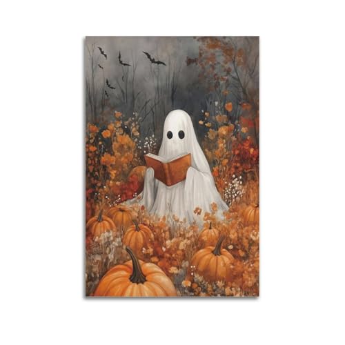 Geister-Lesung im Herbst-Kürbisfeld, Halloween, dekorative Gemälde, intellektuelle gruselige Dekoration, Wohnzimmer-Poster, künstlerisches Wandbild, modernes hängendes Dekor-Poster, 30 x 45 cm von HANTOTN