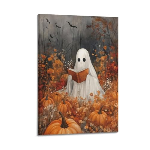 Geister-Lesung im Herbst-Kürbisfeld, Halloween, dekorative Gemälde, intellektuelle gruselige Dekoration, Wohnzimmer-Poster, künstlerisches Wandbild, modernes hängendes Dekor-Poster, 60 x 90 cm von HANTOTN