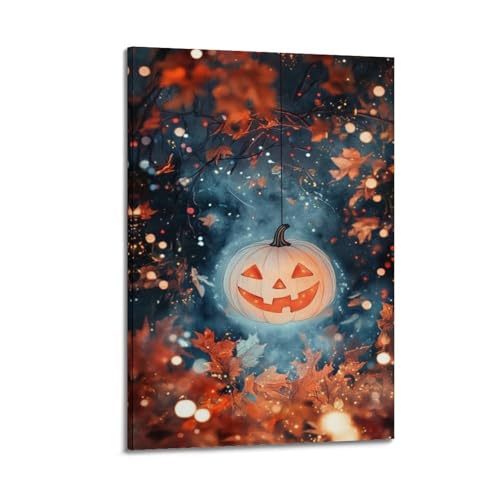 Glowing Jack – O'-Laterne inmitten Herbstblättern, Halloween-dekorative Gemälde, magische Dekoration, Wohnzimmer-Poster, künstlerisches Wandbild, modernes hängendes Dekor-Poster, 40 x 60 cm von HANTOTN