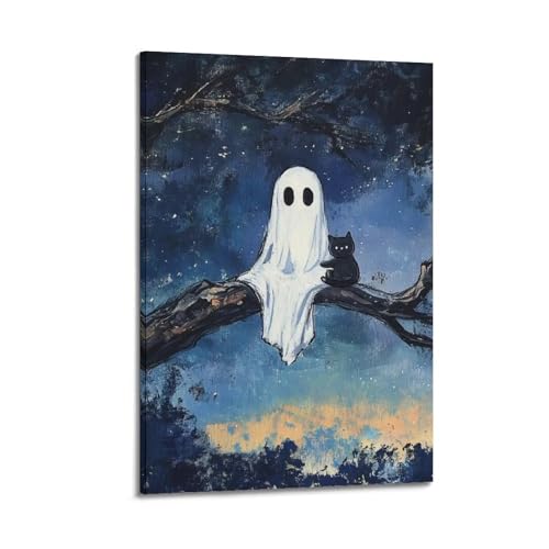 Halloween-Deko-Gemälde, Geist und schwarze Katze auf Ast, niedliche, gruselige Dekoration, Schlafzimmer-Poster, künstlerisches Wandbild, modernes hängendes Dekor-Poster, 50 x 75 cm von HANTOTN