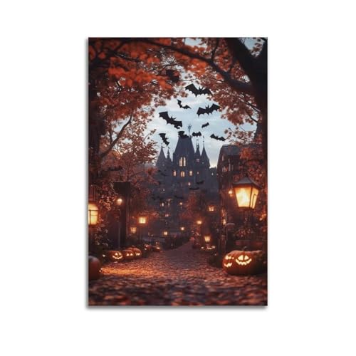 Halloween-Straße mit Fledermäusern, Kürbissen und Schloss, stimmungsvolle Dekoration, Wohnzimmer-Poster, künstlerisches Wandbild, modernes hängendes Dekor-Poster, 30 x 45 cm von HANTOTN