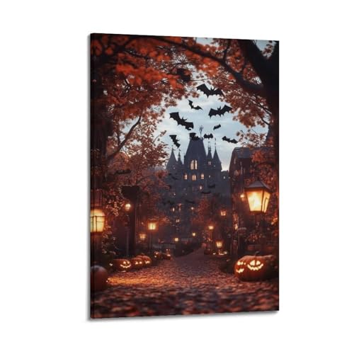 Halloween-Straße mit Fledermäusern, Kürbissen und Schloss, stimmungsvolle Dekoration, Wohnzimmer-Poster, künstlerisches Wandbild, modernes hängendes Dekor-Poster, 60 x 90 cm von HANTOTN