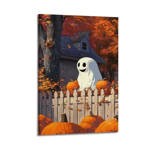 Happy Ghost by Fence with Pumpkins Halloween Decorative Paintings, Cheerful Decor, Bedroom Poster Artistic Wall Mural Modern Hanging Decor Poster12x18inch(30x45cm) von HANTOTN