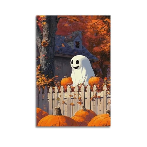 Happy Ghost by Fence with Pumpkins Halloween Decorative Paintings, Cheerful Decor, Bedroom Poster Artistic Wall Mural Modern Hanging Decor Poster24x36inch(60x90cm) von HANTOTN