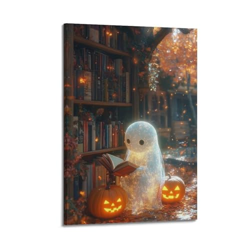Leuchtende Geister-Lesung durch Bücherregal mit Kürbisen, Halloween-dekorative Gemälde, gemütliche, gruselige Dekoration, Wohnzimmer-Poster, künstlerisches Wandbild, modernes hängendes Dekor-Poster von HANTOTN