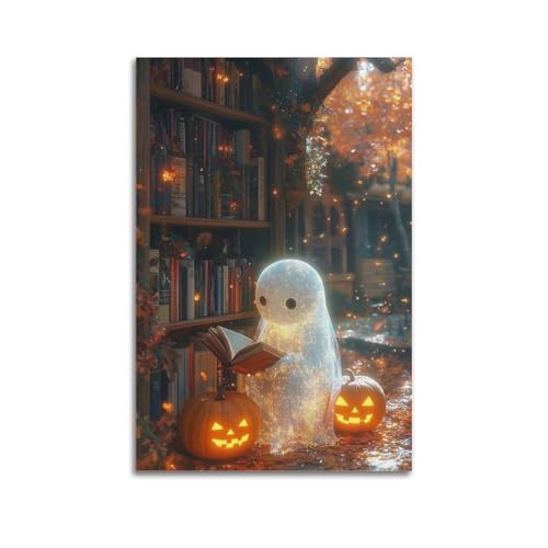 Leuchtender Geist, der im Bücherregal mit Kürbissen liest, Halloween-dekorative Gemälde, gemütliche, gruselige Dekoration, Wohnzimmer-Poster, künstlerisches Wandbild, modernes hängendes Dekor-Poster von HANTOTN