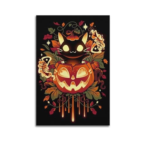 Niedliche schwarze Katze im Kürbis Halloween-dekorative Gemälde, bezaubernde, gruselige Dekoration, Kinder-Schlafzimmer-Poster, künstlerisches Wandbild, modernes hängendes Dekor-Poster, 20 x 30 cm von HANTOTN