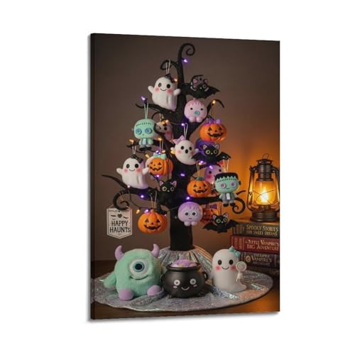 Niedliches Halloween-Plüsch-Dekor-Baum mit Laterne, dekorative Gemälde, bezaubernde Dekoration, Kinder-Schlafzimmer-Poster, künstlerisches Wandbild, modernes hängendes Dekor-Poster, 30 x 45 cm von HANTOTN