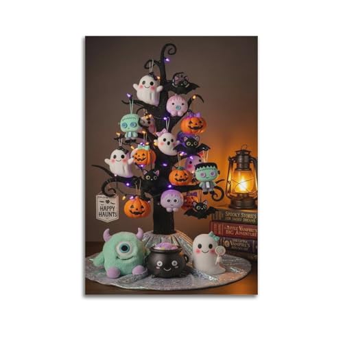 Niedliches Halloween-Plüsch-Dekor-Baum mit Laterne, dekorative Gemälde, bezaubernde Dekoration, Kinder-Schlafzimmer-Poster, künstlerisches Wandbild, modernes hängendes Dekor-Poster, 30 x 45 cm von HANTOTN