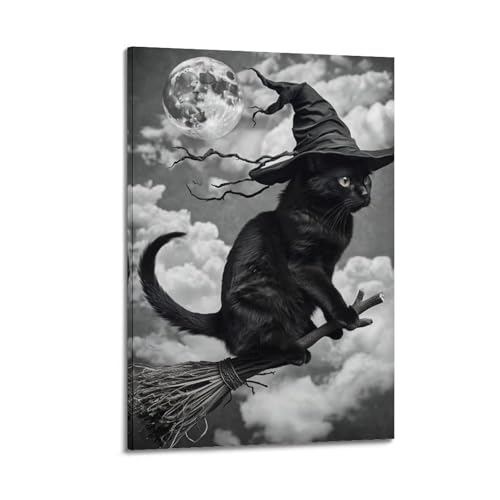 Schwarze Katze auf Besen unter Vollmond Halloween-dekorative Gemälde, Gothic-Dekor, Wohnzimmer-Poster, künstlerisches Wandbild, modernes hängendes Dekor-Poster, 20 x 30 cm Schwarze Katze auf Besen unter Vollmond Halloween-dekorative Gemälde, Gothic-Dekor, Wohnzimmer-Poster, künstlerisches Wandbild, modernes hängendes Dekor-Poster, 20 x 30 cm von HANTOTN