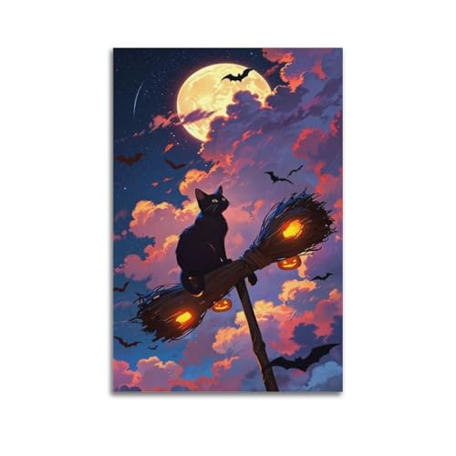 Schwarze Katze auf Hexenbesen unter Vollmond, Wandkunst, Halloween-Dekor, Kinder-Schlafzimmer-Poster, künstlerisches Wandbild, modernes hängendes Dekor-Poster, 30 x 45 cm Schwarze Katze auf Hexenbesen unter Vollmond, Wandkunst, Halloween-Dekor, Kinder-Schlafzimmer-Poster, künstlerisches Wandbild, modernes hängendes Dekor-Poster, 30 x 45 cm von HANTOTN