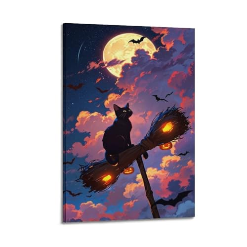 Schwarze Katze auf Hexenbesen unter Vollmond, Wandkunst, Halloween-Dekor, Kinder-Schlafzimmer-Poster, künstlerisches Wandbild, modernes hängendes Dekor-Poster, 40 x 60 cm Schwarze Katze auf Hexenbesen unter Vollmond, Wandkunst, Halloween-Dekor, Kinder-Schlafzimmer-Poster, künstlerisches Wandbild, modernes hängendes Dekor-Poster, 40 x 60 cm von HANTOTN