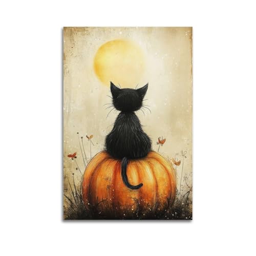 Schwarze Katze auf Kürbis unter Vollmond, dekorative Gemälde, bezaubernde, gruselige Dekoration, Kinder-Schlafzimmer-Poster, künstlerisches Wandbild, modernes hängendes Dekor-Poster, 40 x 60 cm Schwarze Katze auf Kürbis unter Vollmond, dekorative Gemälde, bezaubernde, gruselige Dekoration, Kinder-Schlafzimmer-Poster, künstlerisches Wandbild, modernes hängendes Dekor-Poster, 40 x 60 cm von HANTOTN
