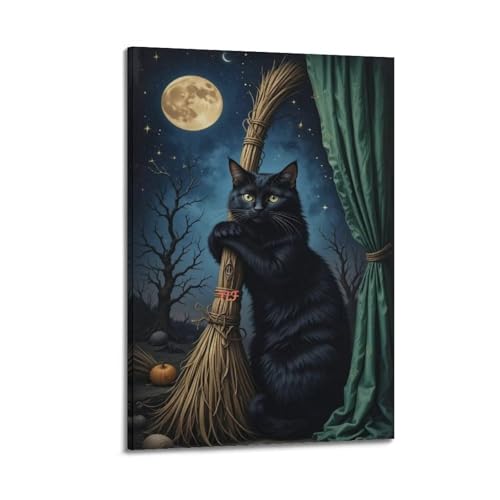 Schwarze Katze mit Hexenbesen, dekorative Gemälde, klassische Halloween-Dekoration, Schlafzimmer-Poster, künstlerisches Wandbild, modernes hängendes Dekor-Poster, 30 x 45 cm Schwarze Katze mit Hexenbesen, dekorative Gemälde, klassische Halloween-Dekoration, Schlafzimmer-Poster, künstlerisches Wandbild, modernes hängendes Dekor-Poster, 30 x 45 cm von HANTOTN