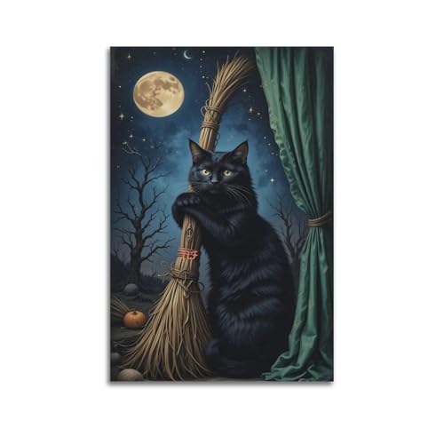 Schwarze Katze mit Hexenbesen, dekorative Gemälde, klassische Halloween-Dekoration, Schlafzimmer-Poster, künstlerisches Wandbild, modernes hängendes Dekor-Poster, 60 x 90 cm Schwarze Katze mit Hexenbesen, dekorative Gemälde, klassische Halloween-Dekoration, Schlafzimmer-Poster, künstlerisches Wandbild, modernes hängendes Dekor-Poster, 60 x 90 cm von HANTOTN