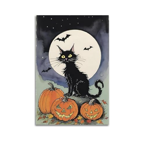 Schwarze Katze mit Kürbissen unter Vollmond, dekorative Gemälde, klassische, gruselige Dekoration, Schlafzimmer-Poster, künstlerisches Wandbild, modernes hängendes Dekor-Poster, 40 x 60 cm Schwarze Katze mit Kürbissen unter Vollmond, dekorative Gemälde, klassische, gruselige Dekoration, Schlafzimmer-Poster, künstlerisches Wandbild, modernes hängendes Dekor-Poster, 40 x 60 cm von HANTOTN