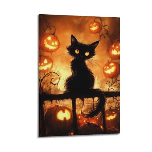 Schwarze Katze unter leuchtenden Kürbissen, Halloween-dekorative Gemälde, geheimnisvolle Dekoration, Wohnzimmer-Poster, künstlerisches Wandbild, modernes hängendes Dekor-Poster, 40 x 60 cm Schwarze Katze unter leuchtenden Kürbissen, Halloween-dekorative Gemälde, geheimnisvolle Dekoration, Wohnzimmer-Poster, künstlerisches Wandbild, modernes hängendes Dekor-Poster, 40 x 60 cm von HANTOTN