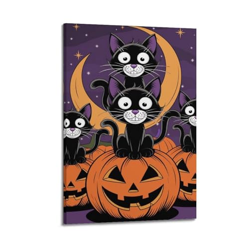 Schwarze Katzen auf Kürbissen mit Halbmond-Halloween-Dekor, skurrile Dekoration, Kinder-Schlafzimmer-Poster, künstlerisches Wandbild, modernes hängendes Dekor-Poster, 60 x 90 cm Schwarze Katzen auf Kürbissen mit Halbmond-Halloween-Dekor, skurrile Dekoration, Kinder-Schlafzimmer-Poster, künstlerisches Wandbild, modernes hängendes Dekor-Poster, 60 x 90 cm von HANTOTN