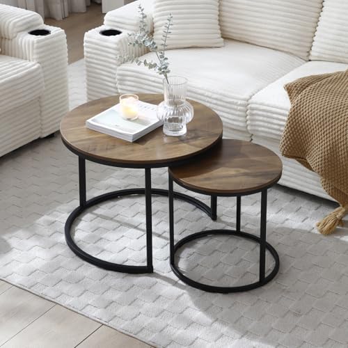 HANXIN Nesting Couchtisch 2er Set, Runde Couchtische für Wohnzimmer mit Walnussholzmaserung Platte und verstellbaren rutschfesten Füßen, industrieller Beistelltisch Beistelltische für Schlafzimmer HANXIN Nesting Couchtisch 2er Set, Runde Couchtische für Wohnzimmer mit Walnussholzmaserung Platte und verstellbaren rutschfesten Füßen, industrieller Beistelltisch Beistelltische für Schlafzimmer von HANXIN